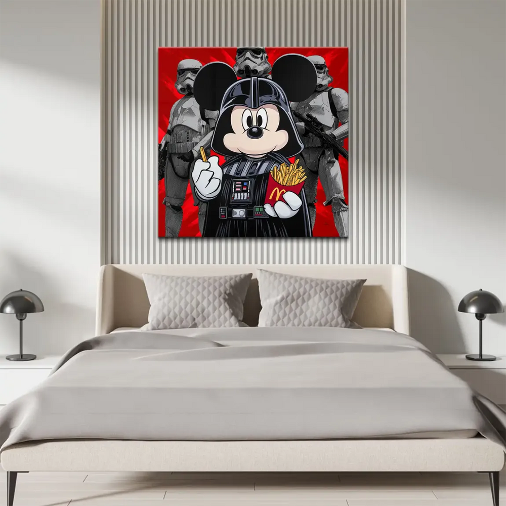 Pop art canvas mashup of Disney and Star Wars with a central, high-contrast red, black, and white palette