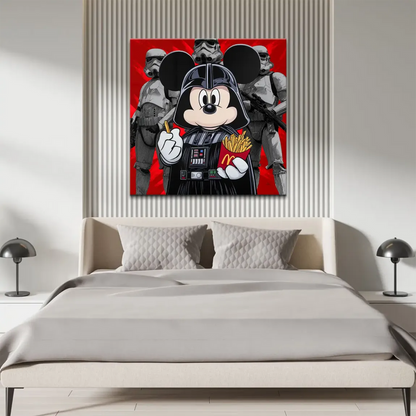 Pop art canvas mashup of Disney and Star Wars with a central, high-contrast red, black, and white palette