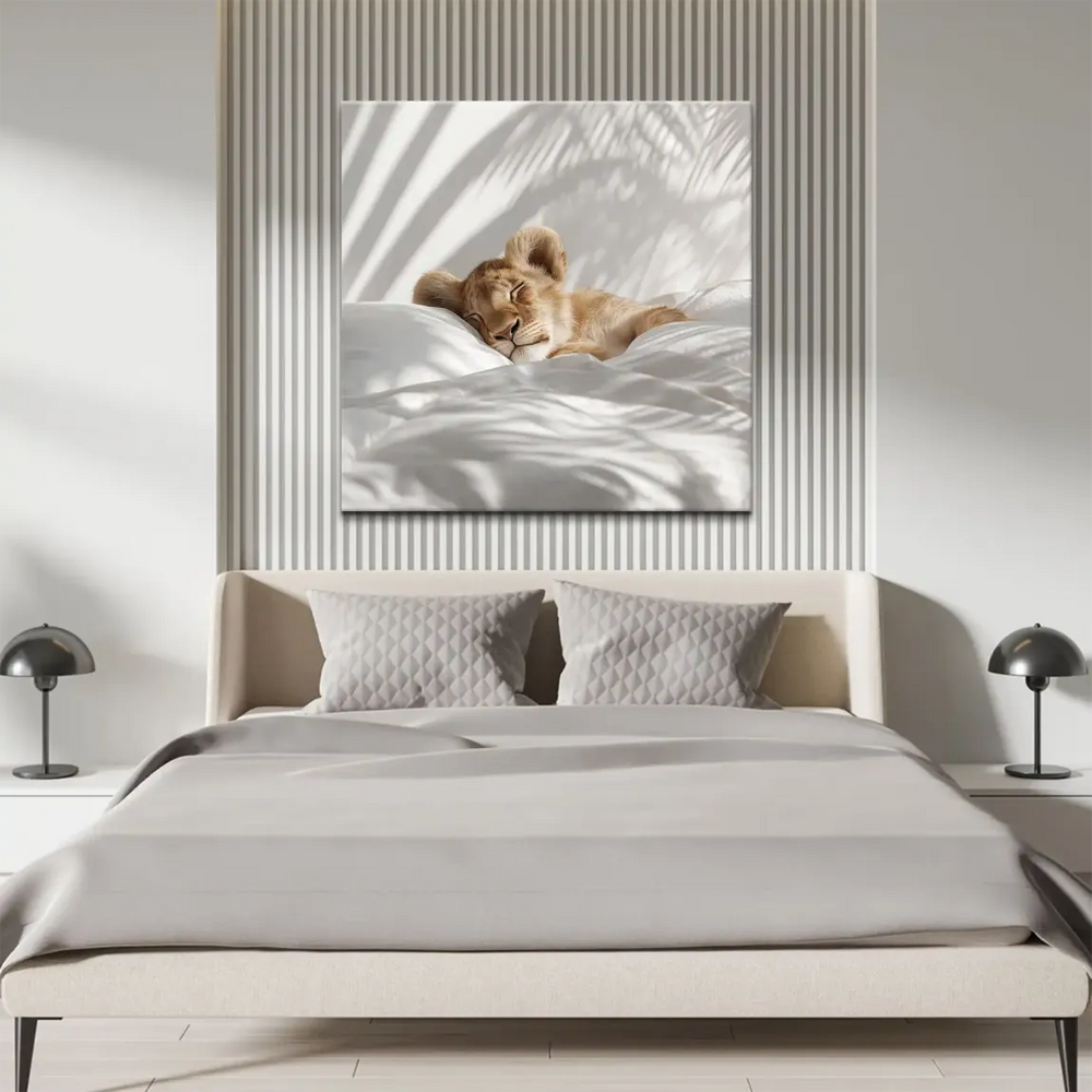 Photorealistic baby lion resting with golden fur on light bedding