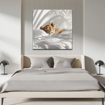 Photorealistic baby lion resting with golden fur on light bedding