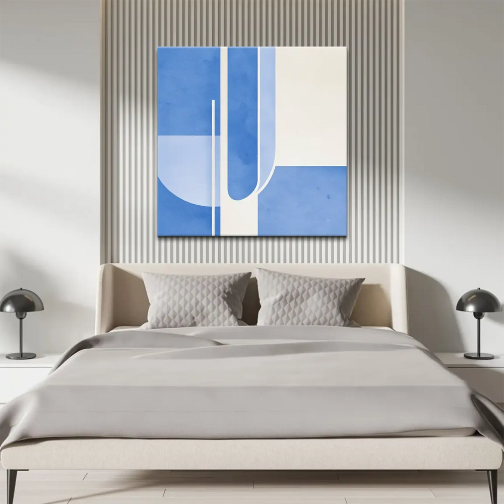 Mid-century modern inspired blue geometry wall art on canvas