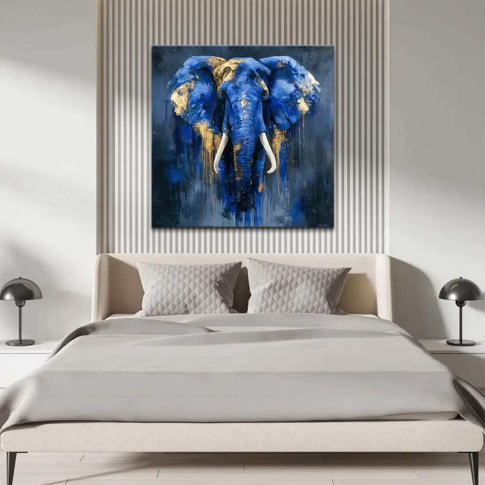 Close-up of navy and cobalt blues with metallic gold accents on elephant art