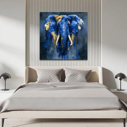 Close-up of navy and cobalt blues with metallic gold accents on elephant art