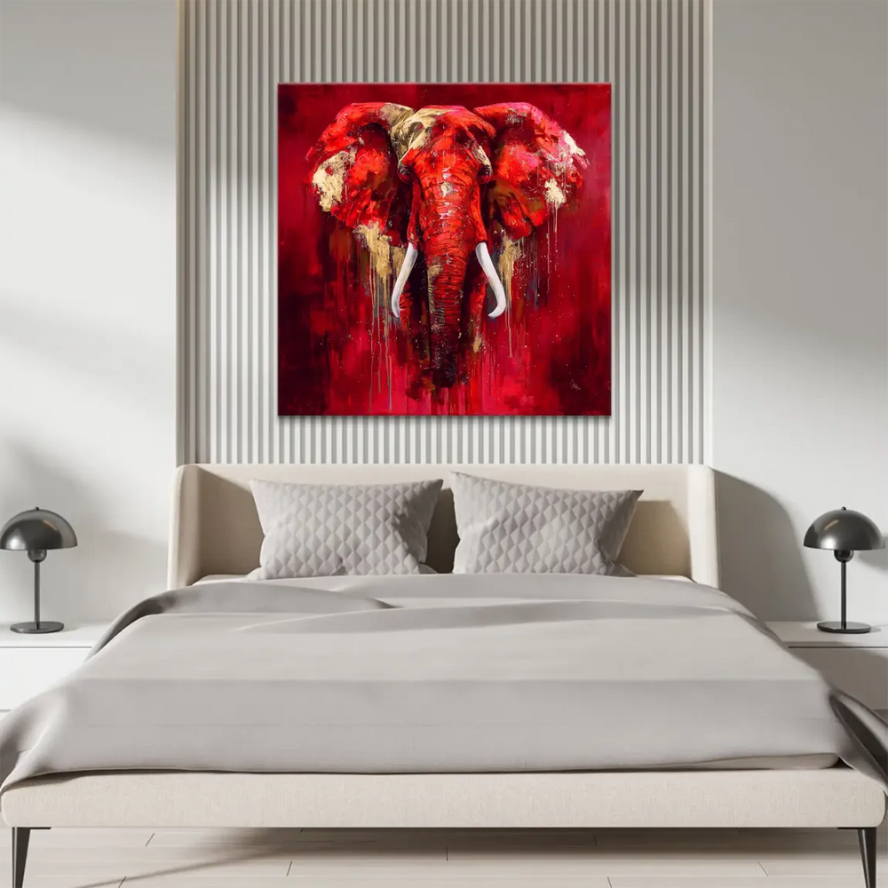 Energetic red elephant wall art suited for modern and industrial interiors