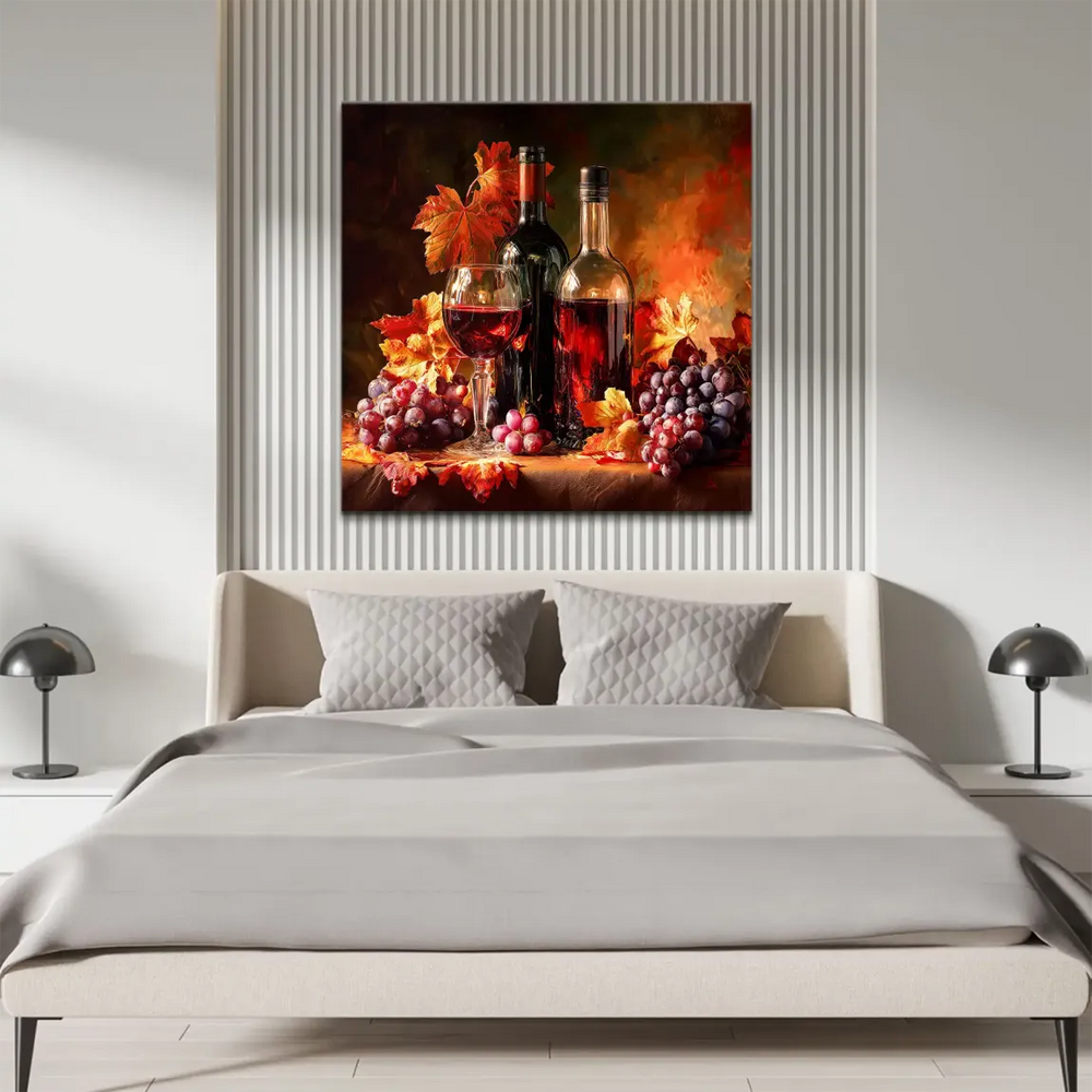 Grapes and autumn leaves frame a painterly still life in warm burgundy tones