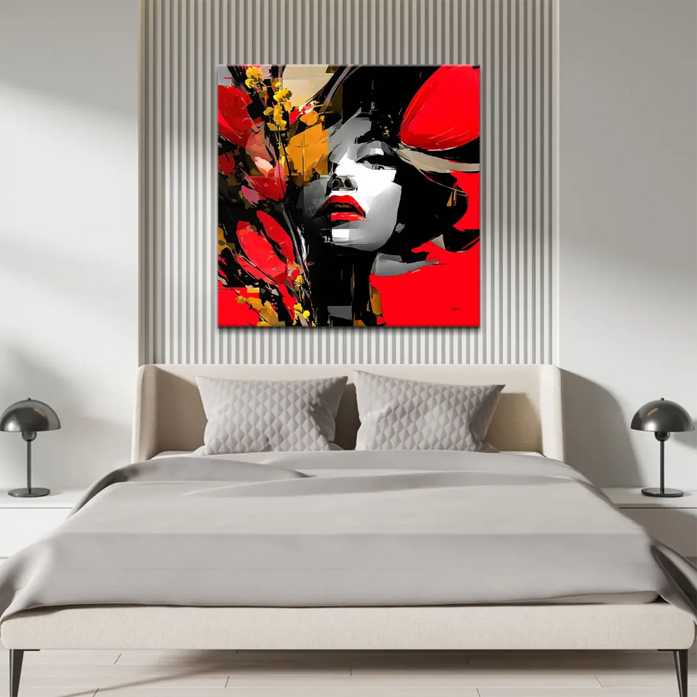 Yellow accents and high contrast join the red tones in this contemporary wall art.