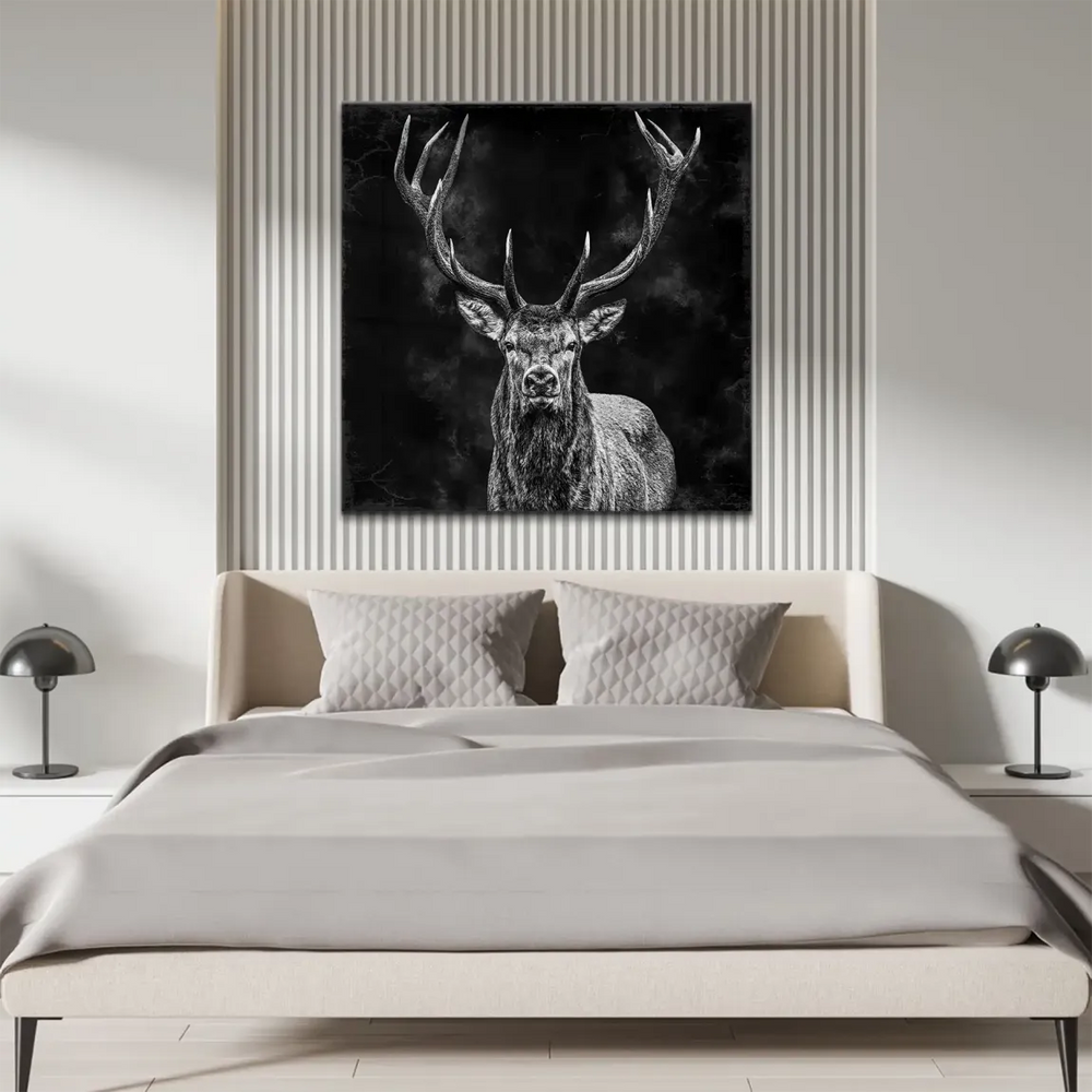 High-contrast monochrome stag portrait showing textured fur and antlers