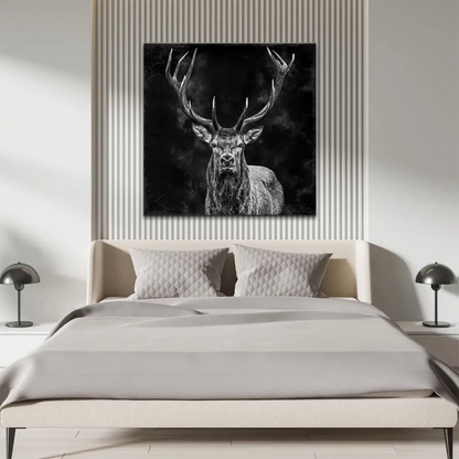 High-contrast monochrome stag portrait showing textured fur and antlers
