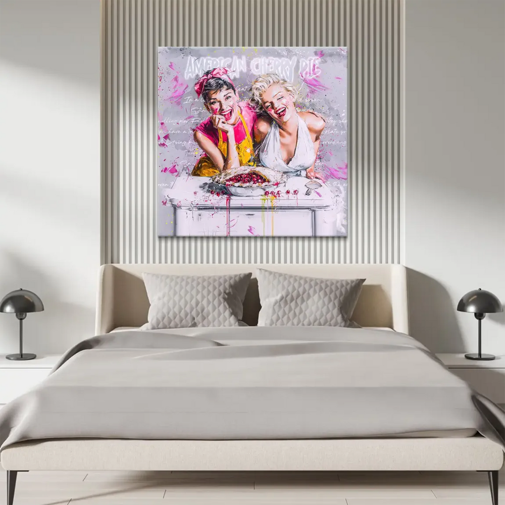 Bright pink and yellow palette on a grey backdrop with neon-style text on the canvas.