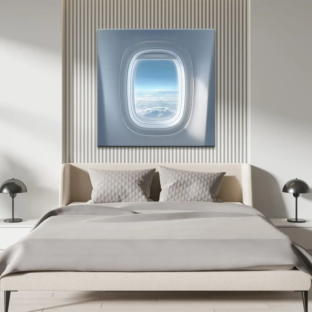 Serene travel wall art featuring an aircraft window view and endless sky, ideal for living rooms and offices