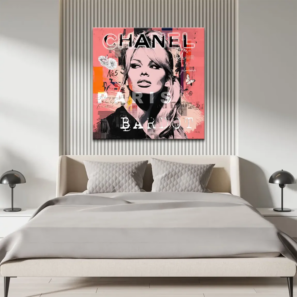 CHANEL and PARIS typography overlays on Bardot canvas