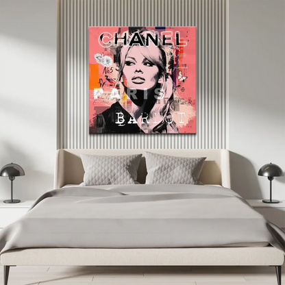 CHANEL and PARIS typography overlays on Bardot canvas