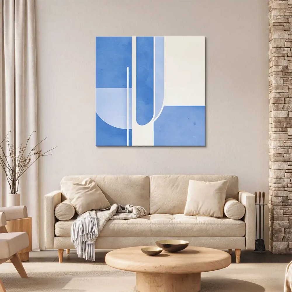 Abstract blue geometry on off-white canvas with rectangular blocks