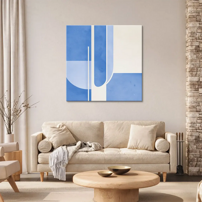 Abstract blue geometry on off-white canvas with rectangular blocks