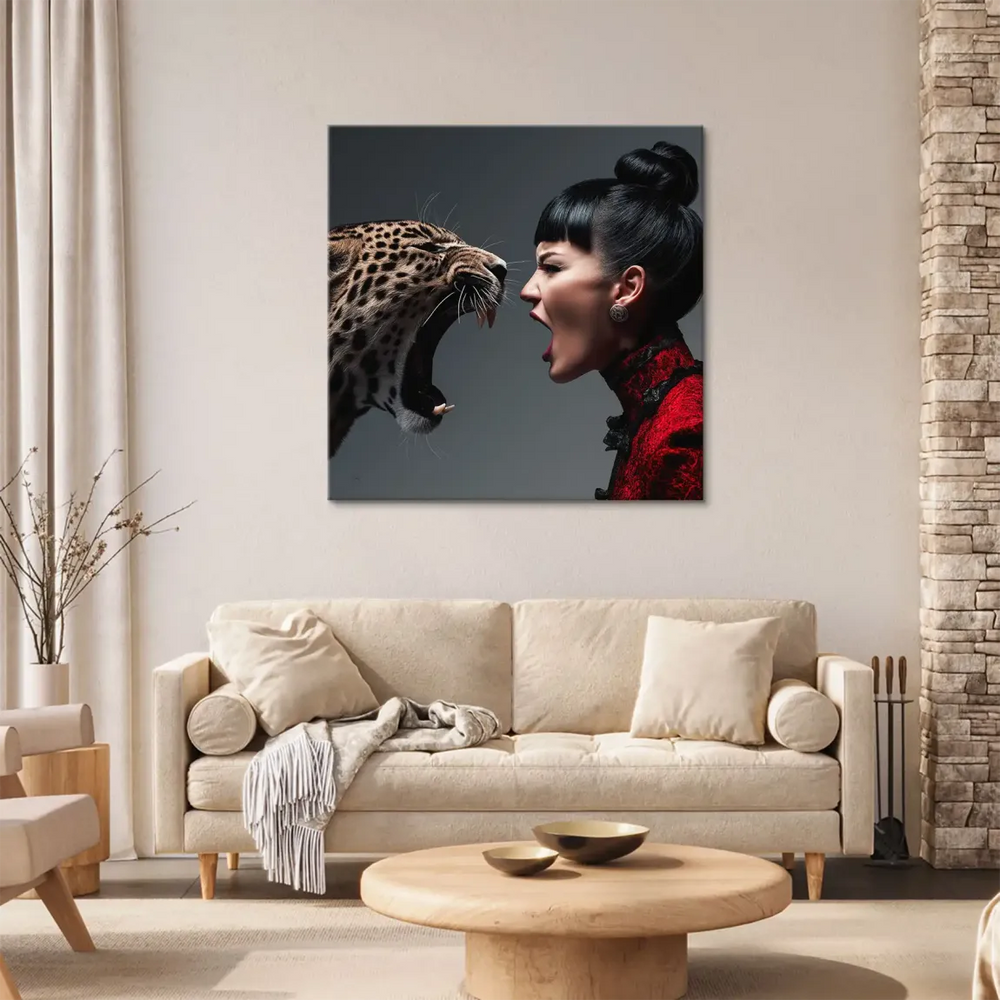 Photorealistic leopard and woman scene on canvas.