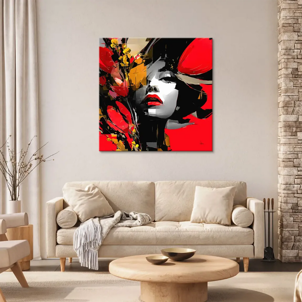 Solid red background on the right balances the composition for a striking focal point.