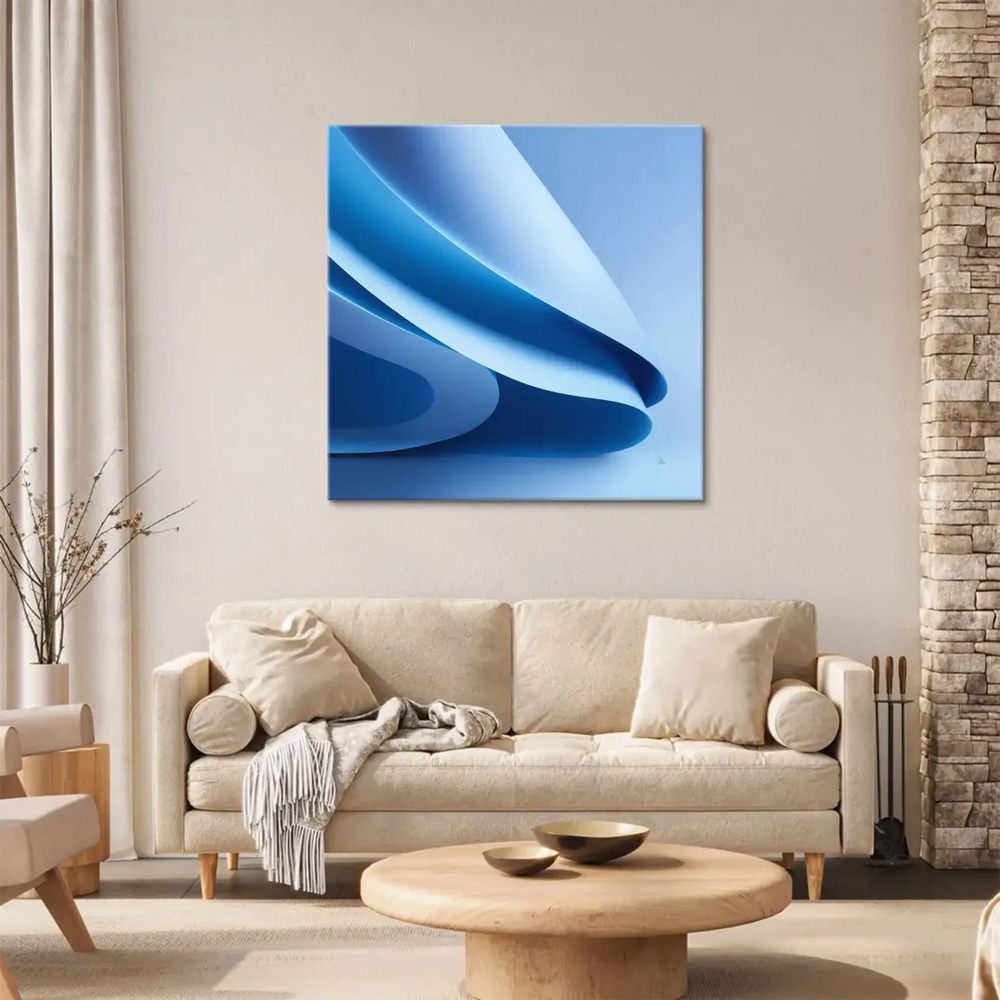 Abstract canvas art in calming blues from light sky to deep indigo.