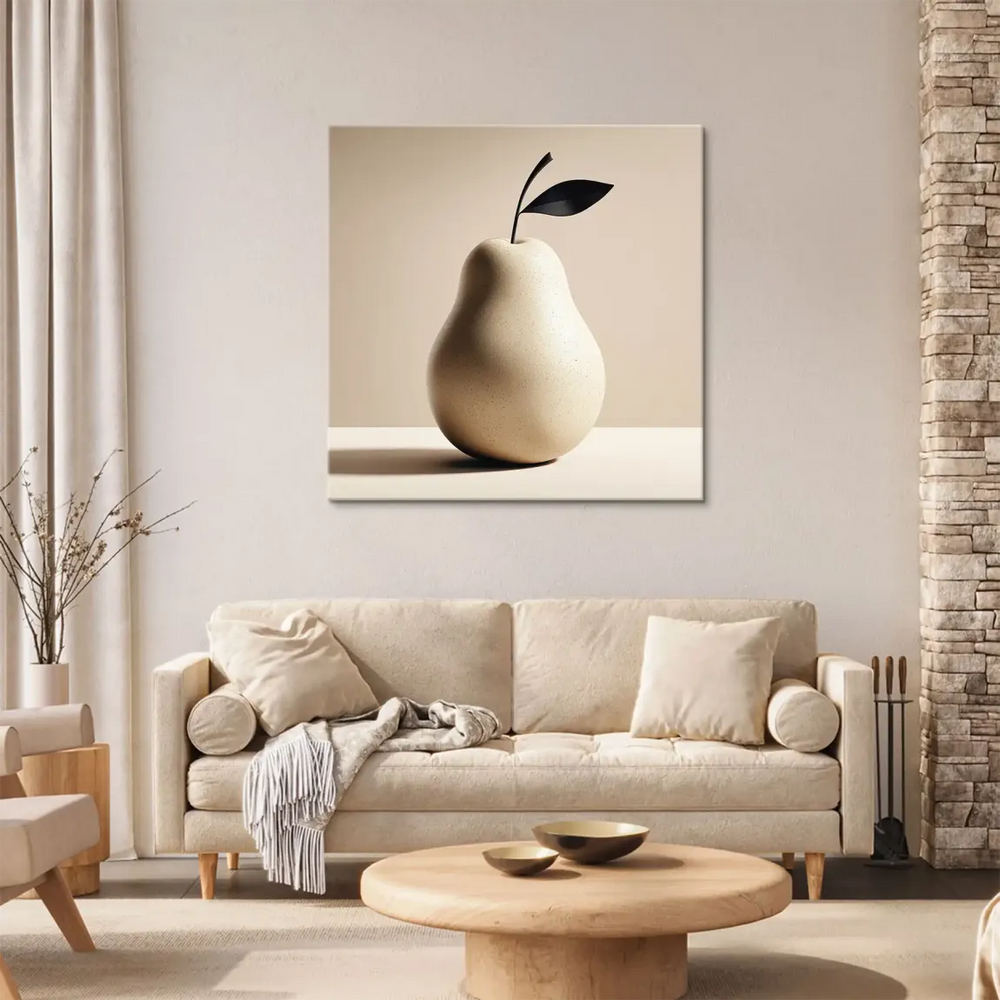 Minimalist still life of a single pear on a pale canvas.