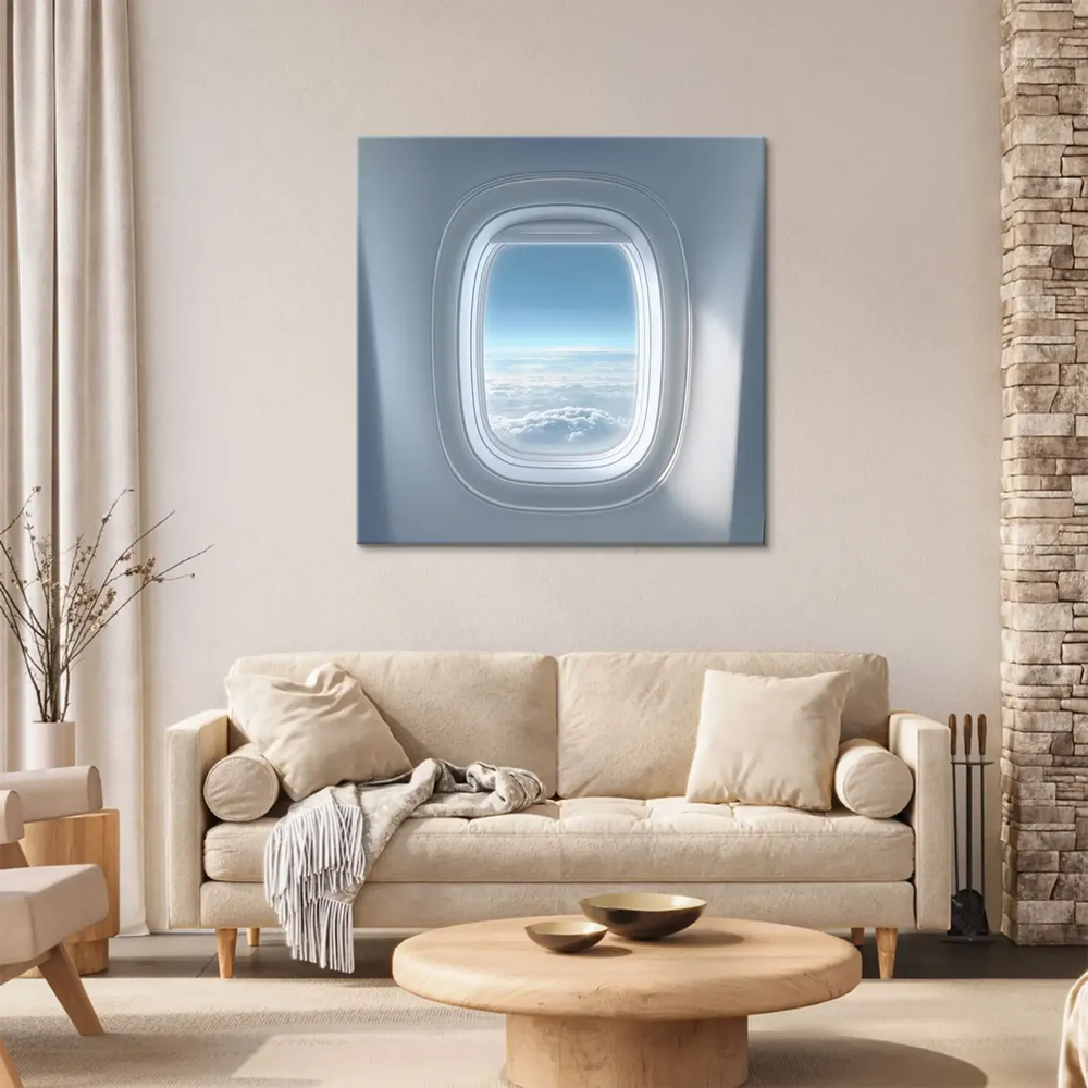 Modern canvas art of travel: tranquil blue sky and fluffy clouds framed by an aircraft window
