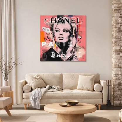 Paris postmark and No.5 fashion nod accents on pink pop art canvas