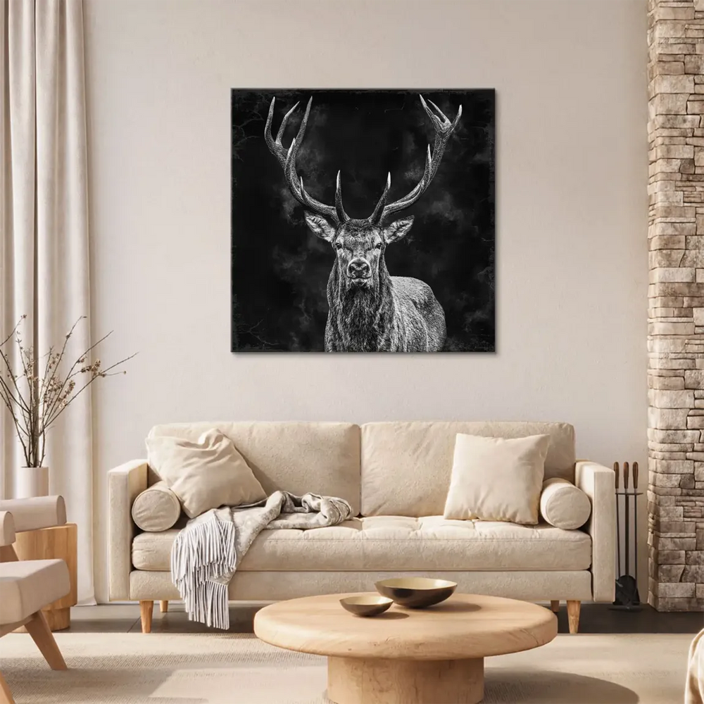 Dark, atmospheric background framing a majestic stag on canvas