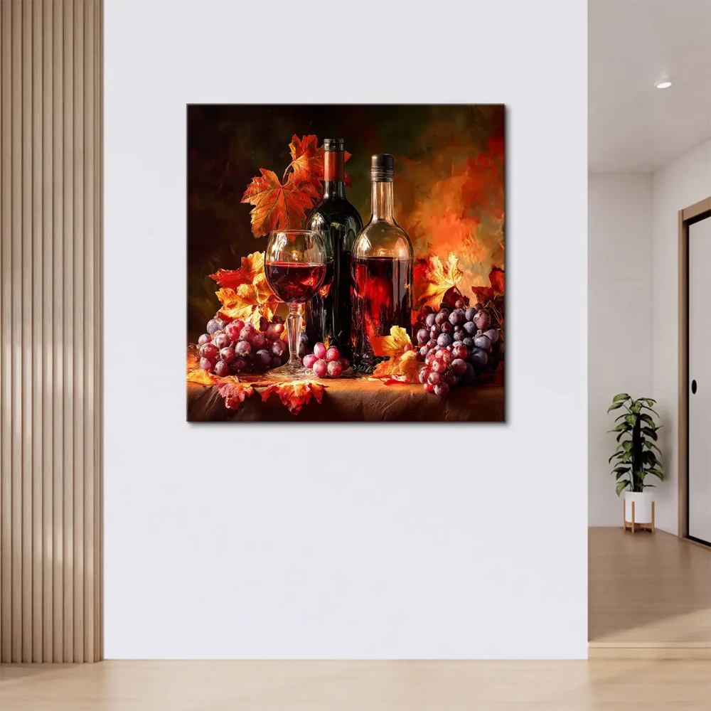 Rustic yet timeless canvas decor featuring wine and fruit