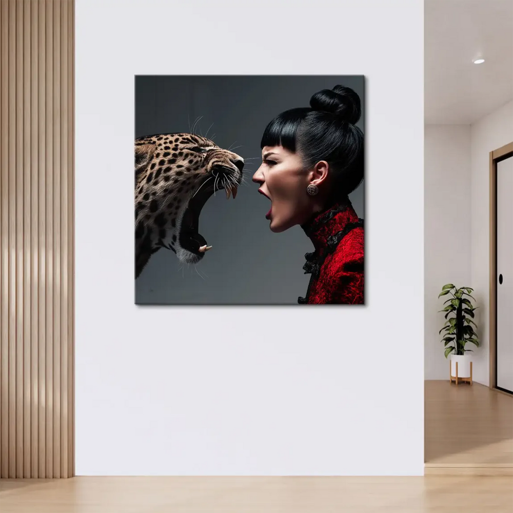 Bold brown and black leopard tones against a neutral grey background.