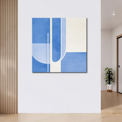 Minimalist blue and white abstract canvas with clean lines