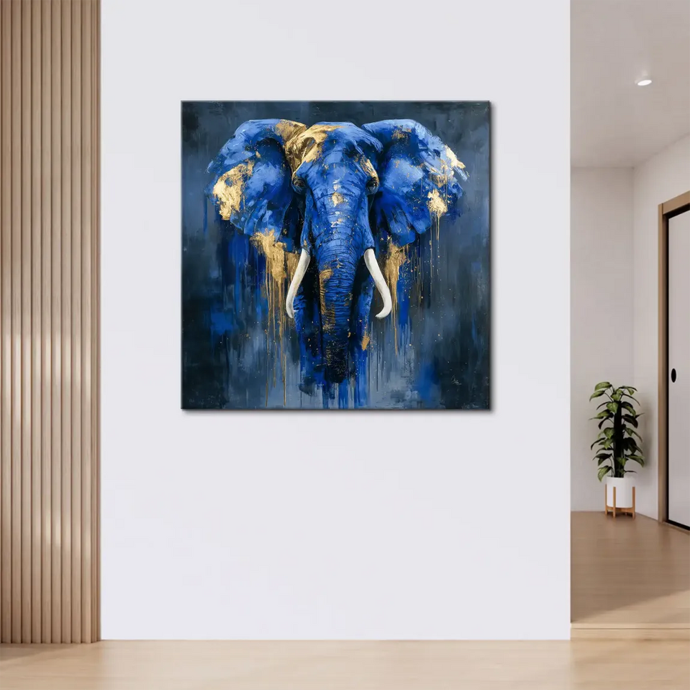 Majestic abstract elephant head on blue canvas with textured brushwork
