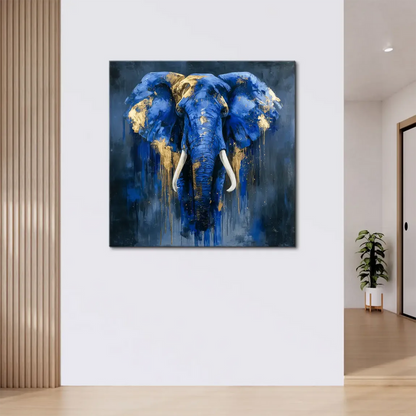 Majestic abstract elephant head on blue canvas with textured brushwork