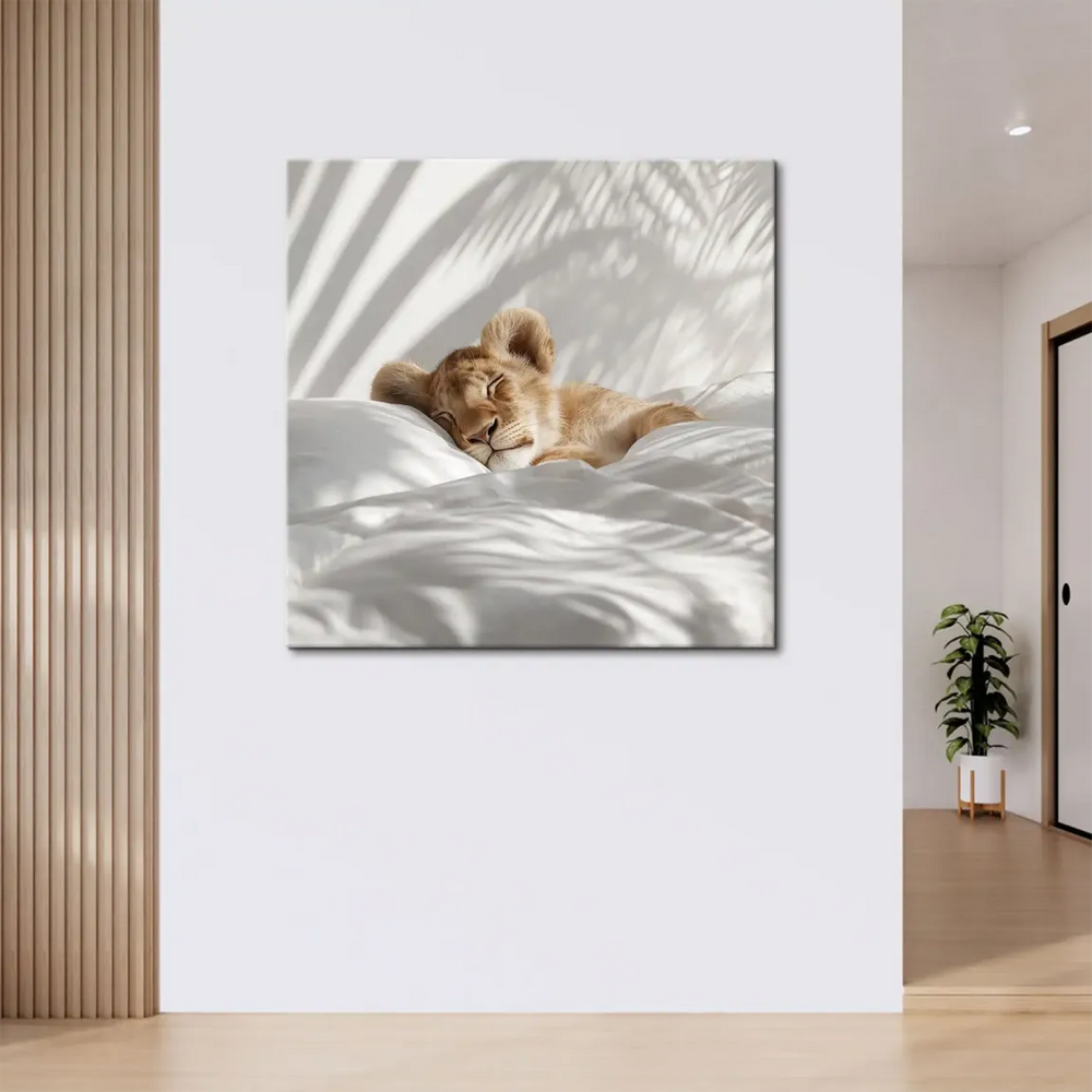 Minimalist wall art of a peacefully sleeping cub in a nursery vibe