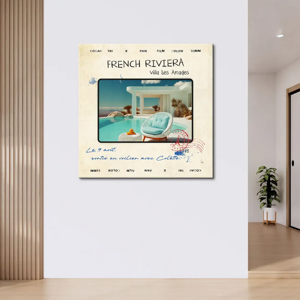Blue and beige coastal palette evoking nostalgic luxury.
