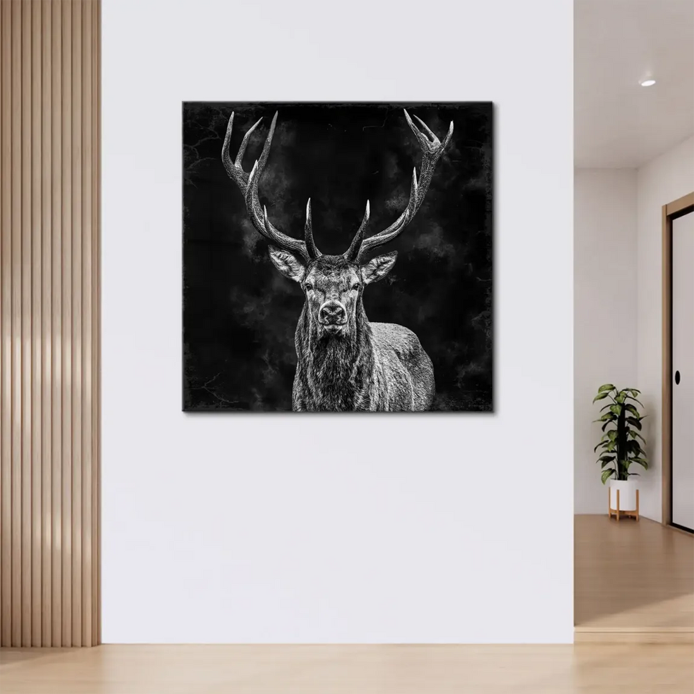 Head-on view of a stag with piercing gaze in a contemporary fine art canvas