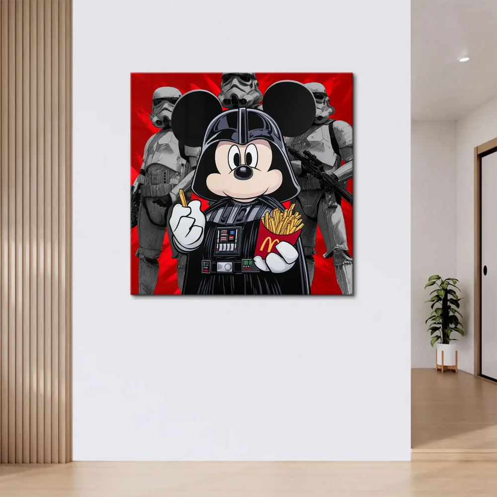 Fries add a humorous twist to the Darth Vader Mickey Mouse figure in a vivid red backdrop