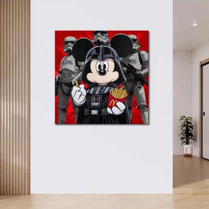 Fries add a humorous twist to the Darth Vader Mickey Mouse figure in a vivid red backdrop
