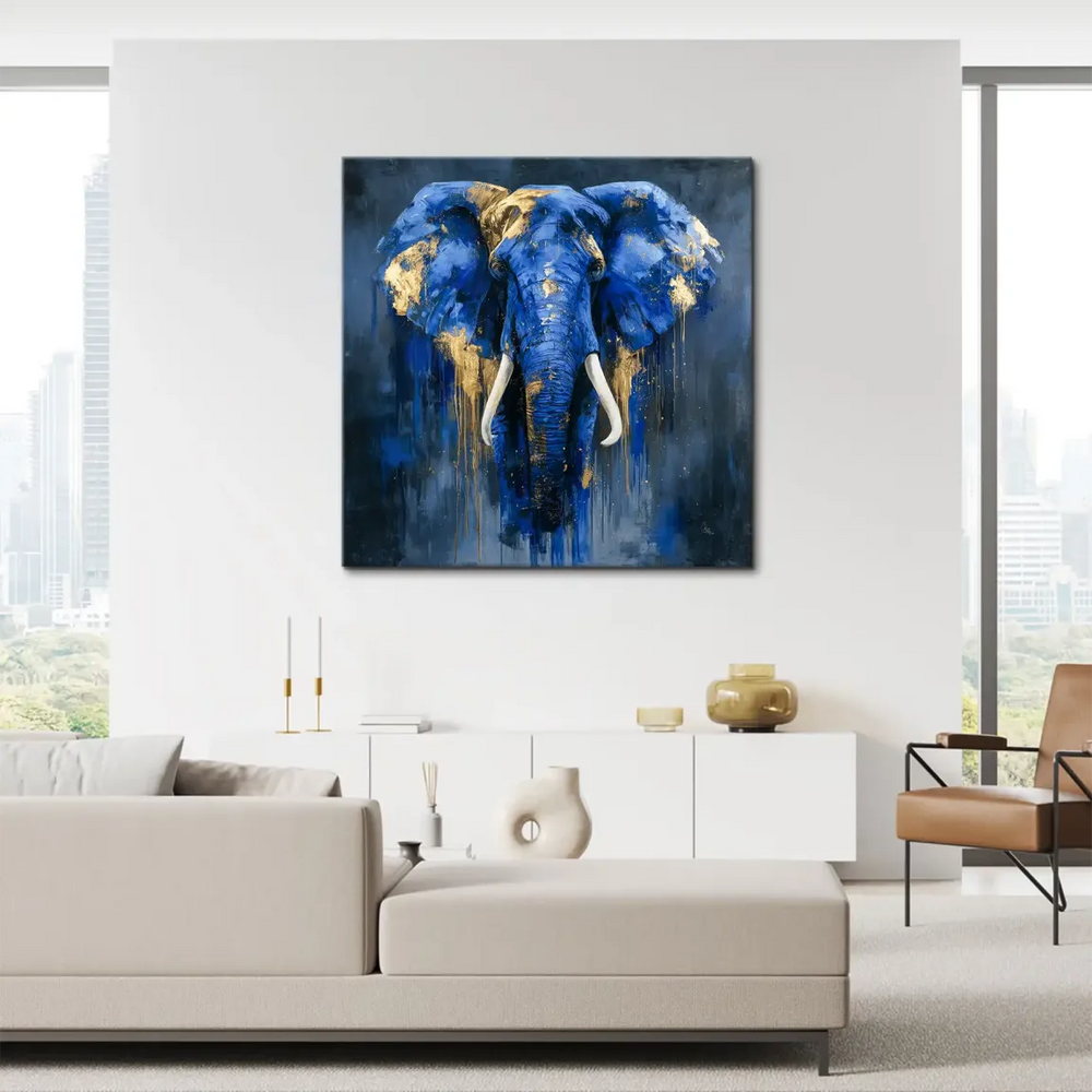 Luxurious modern wall art featuring blue elephant abstract painting
