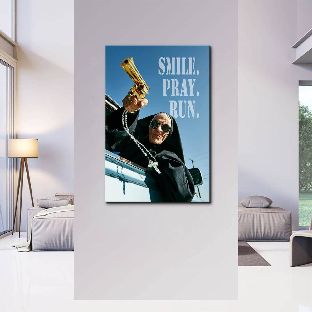 Satirical street art-inspired wall decor featuring a nun with a gold pistol and rosary.
