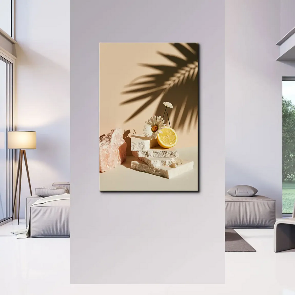 Palm leaf shadow crossing a modern minimalist still life with citrus and flowers