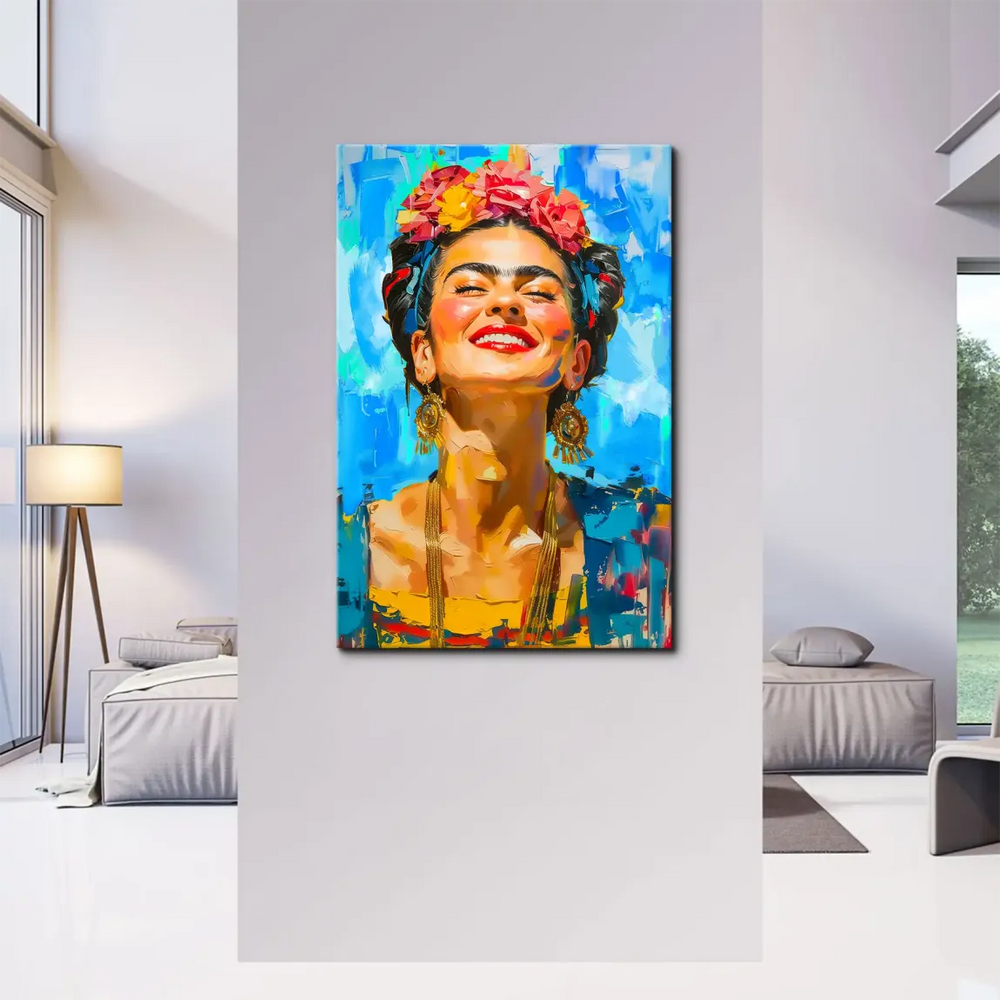 Close-up of the joyful Frida portrait featuring a flower crown and bold red lips.