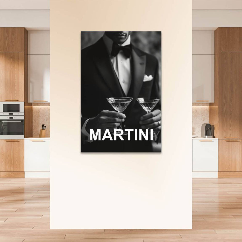 Close-up of hands holding crystal martini glasses in monochrome wall art.