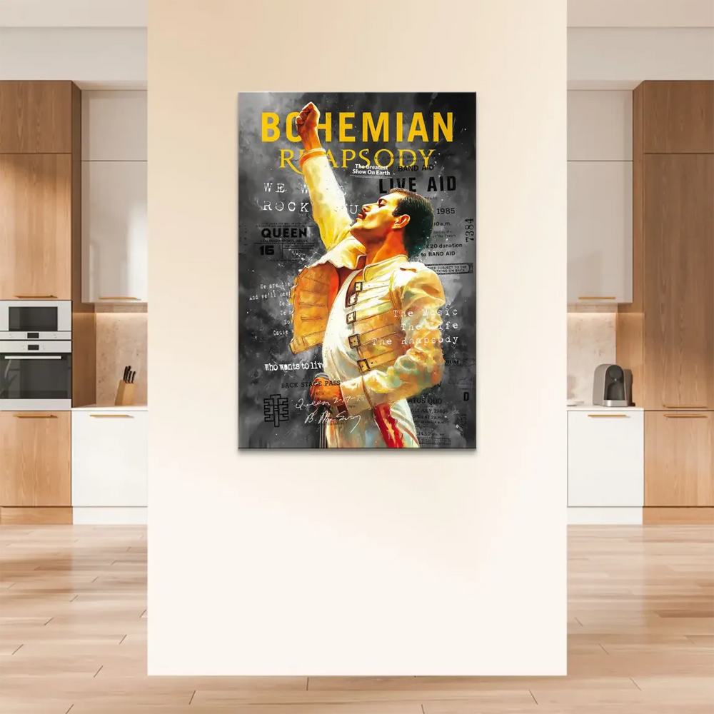 Vertical Freddie Mercury portrait on canvas wearing white and yellow against a text-rich background.