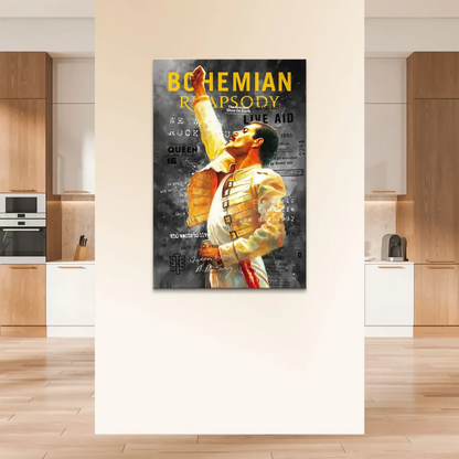 Vertical Freddie Mercury portrait on canvas wearing white and yellow against a text-rich background.