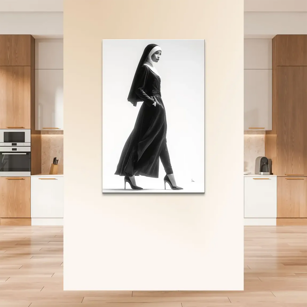 Low-angle black-and-white portrait emphasizing the nun's bold pose and stylish silhouette.