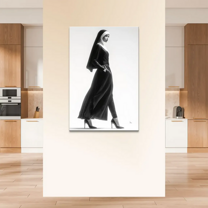 Low-angle black-and-white portrait emphasizing the nun's bold pose and stylish silhouette.