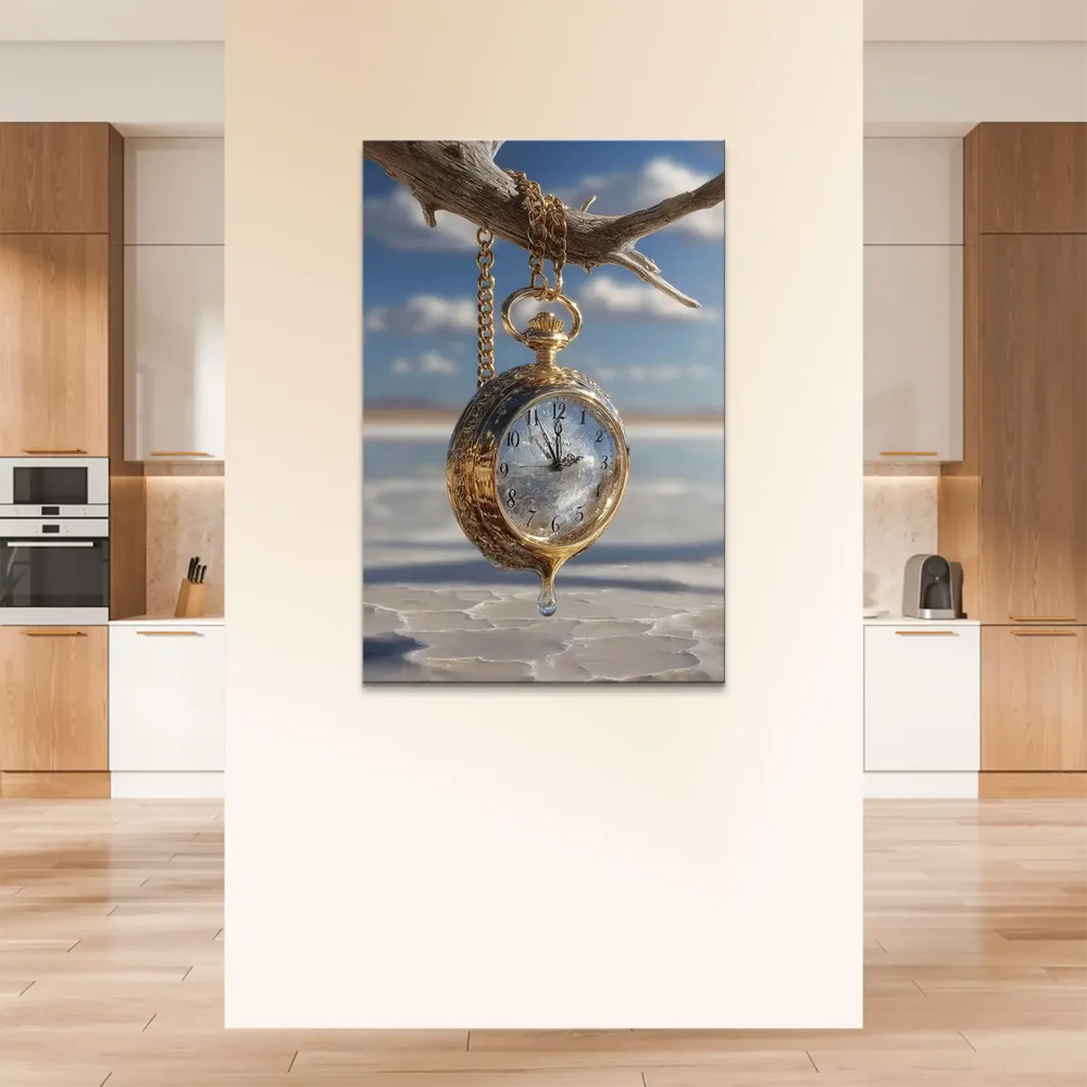 Surreal wall art featuring a melting pocket watch and ornate chain in gold tones