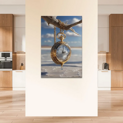 Surreal wall art featuring a melting pocket watch and ornate chain in gold tones