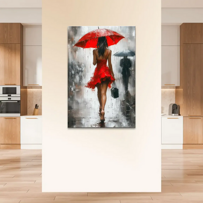 Vivid red, black, and grey palette in a rainy cityscape canvas painting