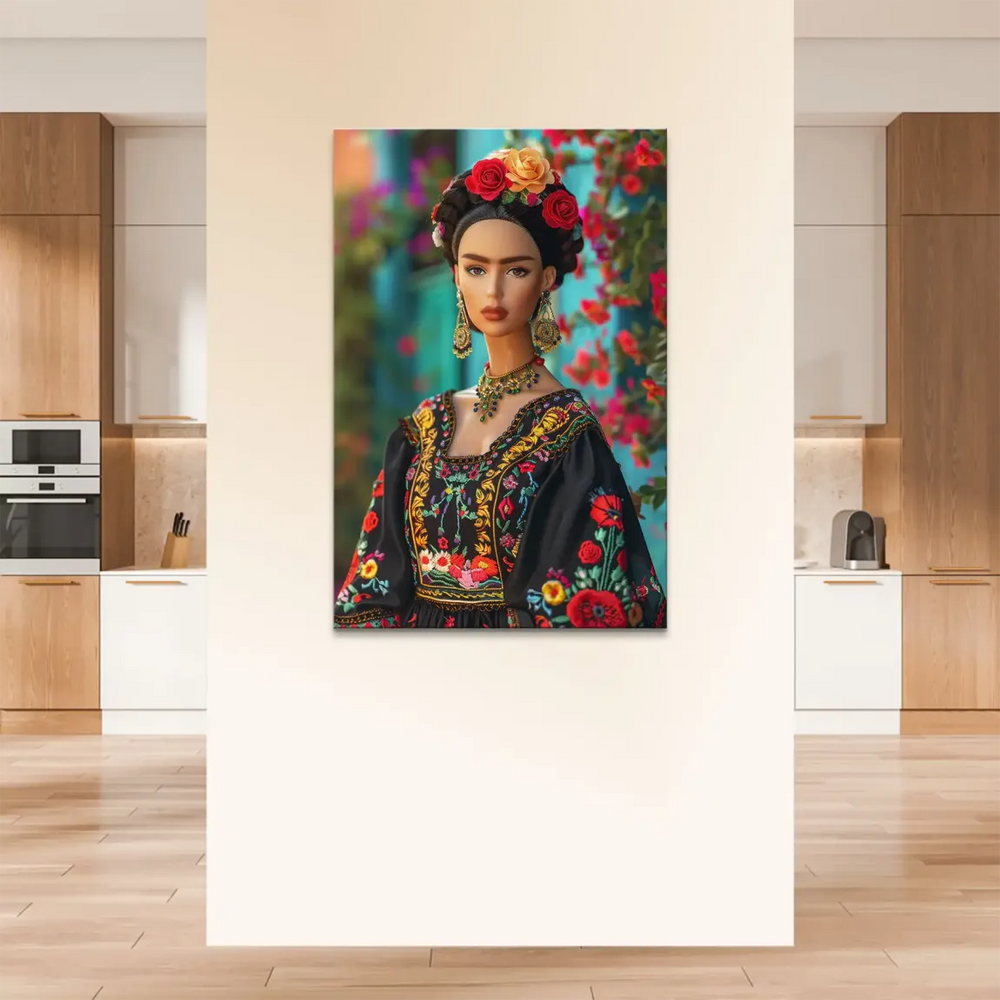 Portrait of a confident doll-like figure with Frida Kahlo-inspired unibrow and bold gaze on canvas.