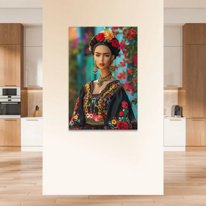 Portrait of a confident doll-like figure with Frida Kahlo-inspired unibrow and bold gaze on canvas.