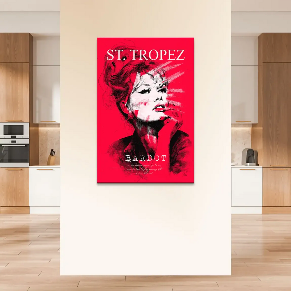 Monochrome Bardot portrait with red and white painterly brushstrokes in a distressed style